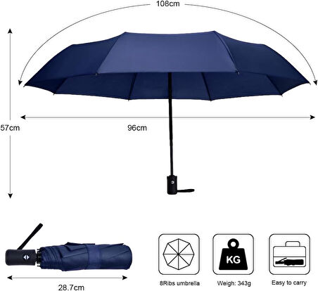 LED Işıklı Otomatik Katlanabilir Şemsiye – Mavi, Rüzgara Dayanıklı, Su Geçirmez