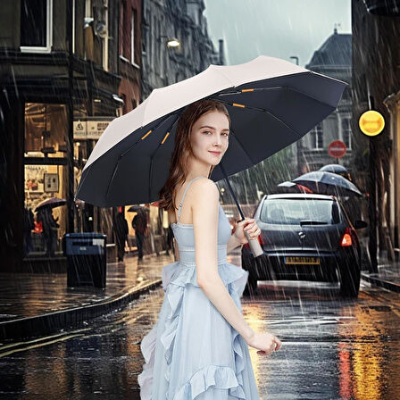 Katlanabilir Otomatik Şemsiye – Bej, Rüzgara Dayanıklı, Su Geçirmez