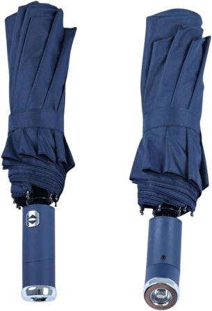 LED Işıklı Otomatik Katlanabilir Şemsiye – Mavi, Rüzgara Dayanıklı, Su Geçirmez