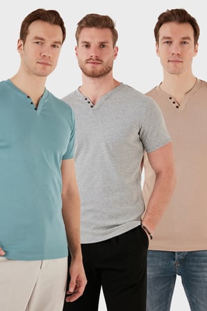 Buratti Pamuklu Düğme Detaylı Slim Fit V Yaka 3'lü Paket T Shirt Erkek T SHİRT 5902122S3