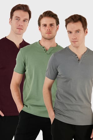 Buratti Pamuklu Düğme Detaylı Slim Fit V Yaka 3'lü Paket T Shirt Erkek T SHİRT 5902122S3