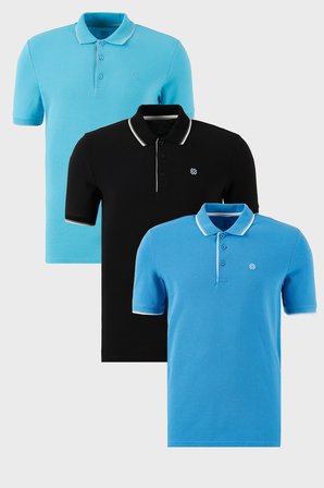 Buratti Pamuklu Regular Fit Şerit Detaylı Düğmeli Polo Yaka 3'lü Paket T Shirt Erkek T SHİRT 5902118S3 AquaMavi-Koyu Mavi-Siyah Beyaz