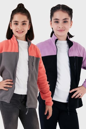 Lela Yumuşak Dokulu Fermuarlı Renk Bloklu Dik Yaka Cepli 2'li Paket Hırka Polar Çocuk POLAR 5905001S2