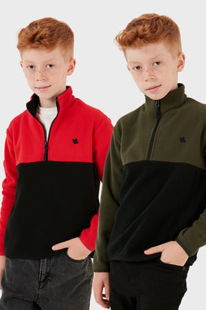 Lela Yumuşak Dokulu Yarım Fermuarlı Renk Bloklu Dik Yaka Unisex Çocuk 2'li Paket Polar POLAR 5905004S2