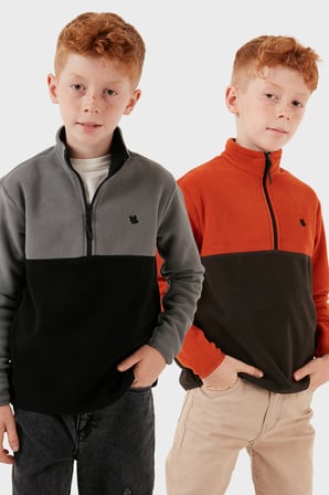 Lela Yumuşak Dokulu Yarım Fermuarlı Renk Bloklu Dik Yaka Unisex Çocuk 2'li Paket Polar POLAR 5905004S2
