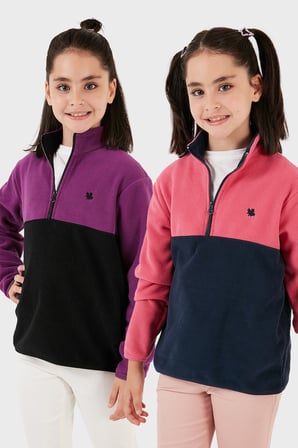 Lela Yumuşak Dokulu Yarım Fermuarlı Renk Bloklu Dik Yaka Unisex Çocuk 2'li Paket Polar POLAR 5905004S2