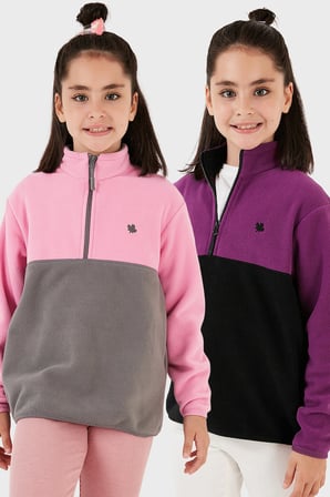 Lela Yumuşak Dokulu Yarım Fermuarlı Renk Bloklu Dik Yaka Unisex Çocuk 2'li Paket Polar POLAR 5905004S2