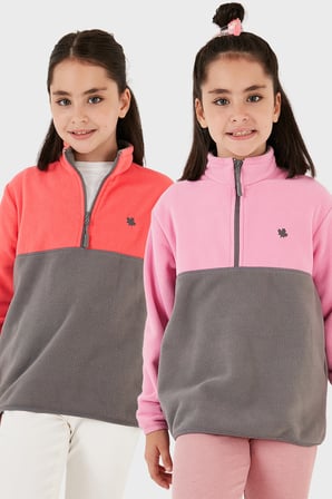 Lela Yumuşak Dokulu Yarım Fermuarlı Renk Bloklu Dik Yaka Unisex Çocuk 2'li Paket Polar POLAR 5905004S2