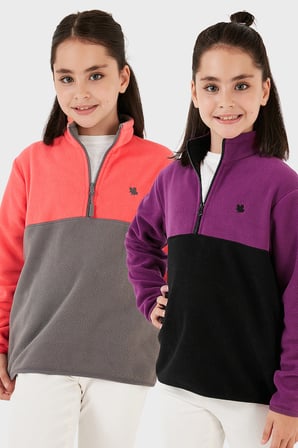 Lela Yumuşak Dokulu Yarım Fermuarlı Renk Bloklu Dik Yaka Unisex Çocuk 2'li Paket Polar POLAR 5905004S2