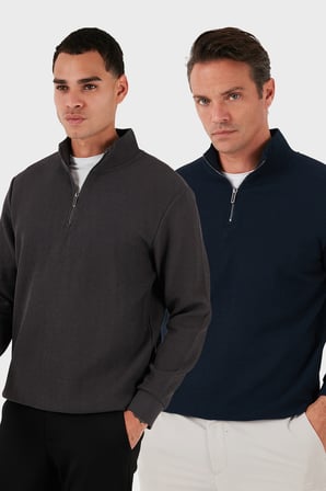 Buratti Pamuklu Regular Fit Yarım Fermuarlı Dik Yaka 2'li Paket Sweat Erkek SWEAT 5905716S2