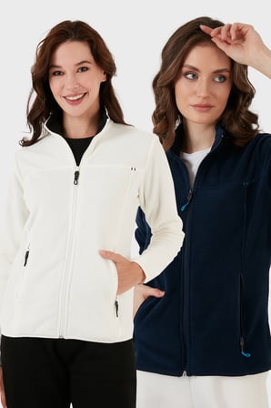 Lela Slim Fit Anti-Pilling Tüylenme Yapmayan Fermuarlı Cepli Hırka 2' li Paket Polar Kadın POLAR 5907002S2 EKRU-LACİVERT