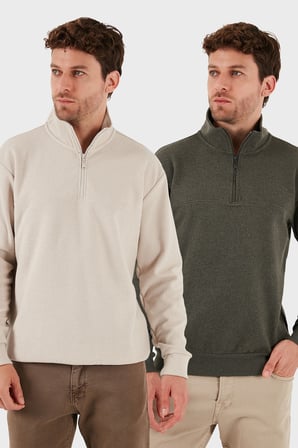 Buratti Pamuklu Regular Fit Yarım Fermuarlı Dik Yaka 2'li Paket Kazak Erkek KAZAK 456112S2