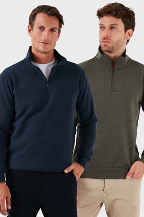 Buratti Pamuklu Regular Fit Yarım Fermuarlı Dik Yaka 2'li Paket Kazak Erkek KAZAK 456112S2