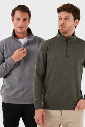 Buratti Pamuklu Regular Fit Yarım Fermuarlı Dik Yaka 2'li Paket Kazak Erkek KAZAK 456112S2