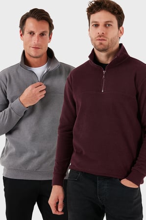 Buratti Pamuklu Regular Fit Yarım Fermuarlı Dik Yaka 2'li Paket Kazak Erkek KAZAK 456112S2