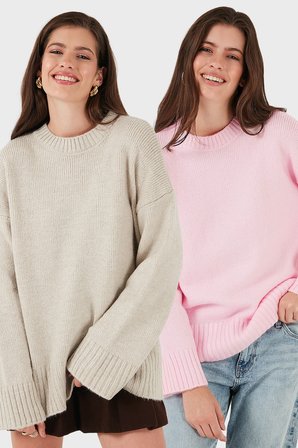 Lela Regular Fit Bisiklet Yaka Basic 2'li Paket Triko Kazak Bayan KAZAK 4616213S2 TAŞ-TOZ PEMBE