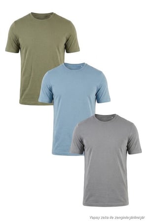 Buratti Pamuklu Regular Fit Bisiklet Yaka 3'lü Paket T Shirt Erkek T SHİRT 59020204S3 Vizon Yeşil-Mavi-Açık Gri