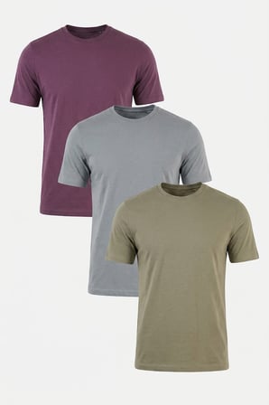 Buratti Pamuklu Regular Fit Bisiklet Yaka 3'lü Paket T Shirt Erkek T SHİRT 59020204S3 Mürdüm-Vizon Yeşili-Açık Gri