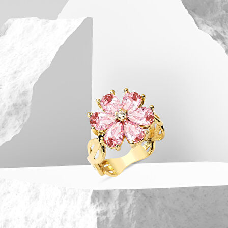 Pembe Taşlı Çiçek Altın Yüzük