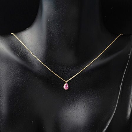 Pembe Damla Taşlı 14 Ayar Altın Kolye