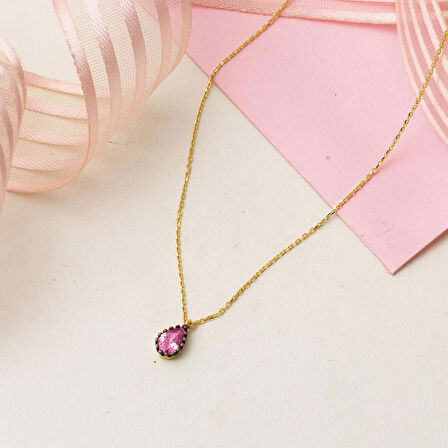Pembe Damla Taşlı 14 Ayar Altın Kolye