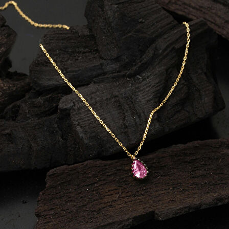 Pembe Damla Taşlı 14 Ayar Altın Kolye