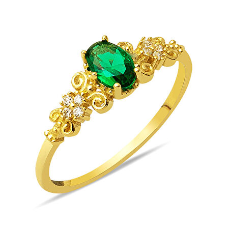 14 Ayar Çiçek Motifli Yeşil Taşlı Altın Yüzük
