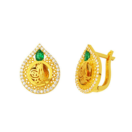 Damla Yeşil Taşlı Tuğralı Altın Küpe