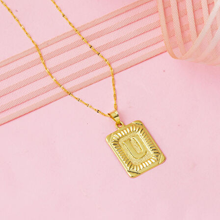 U Harf Kolye 14 Ayar Kare Altın Plakalı