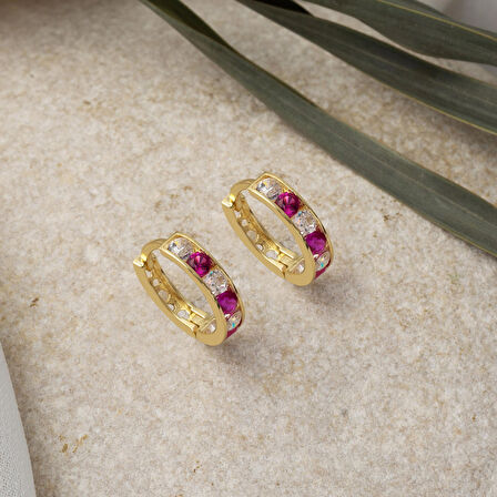 14 Ayar Kırmızı Taşlı Halka Altın Çocuk Küpesi