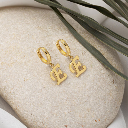 E Harfi Halka Altın Küpe 14 Ayar