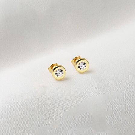 Tek Taşlı Yuvarlak Klipsli 14 Ayar Altın Küpe