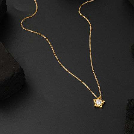 Yıldız Tektaşlı Kolye Küpeli 22 Ayar Altın Set