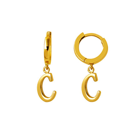 C Harfi Halka Küpe 14 Ayar Sarı Altın