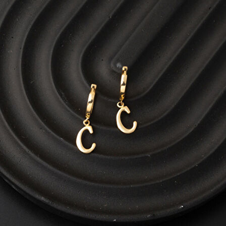 C Harfi Halka Küpe 14 Ayar Sarı Altın