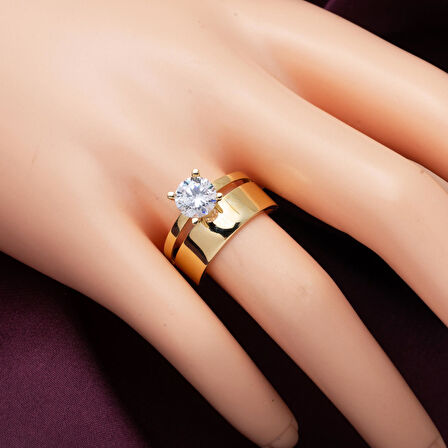 14 Ayar Sarı Altın Alyans Tektaş Yüzük