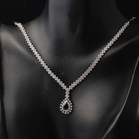 Lacivert Damla Taşlı Suyolu 14 Ayar Beyaz Altın Kolye