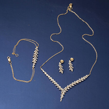 14 Ayar Markiz Taşlı Tasarım Altın Üçlü Set