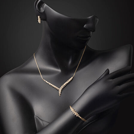 14 Ayar Markiz Taşlı Tasarım Altın Üçlü Set