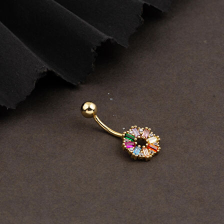 14 Ayar Renkli Taşlı Altın Göbek Piercing