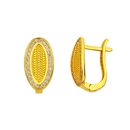 14 Ayar Oval Taşlı Hasır Altın Küpe