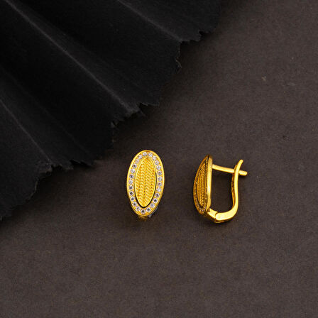 14 Ayar Oval Taşlı Hasır Altın Küpe