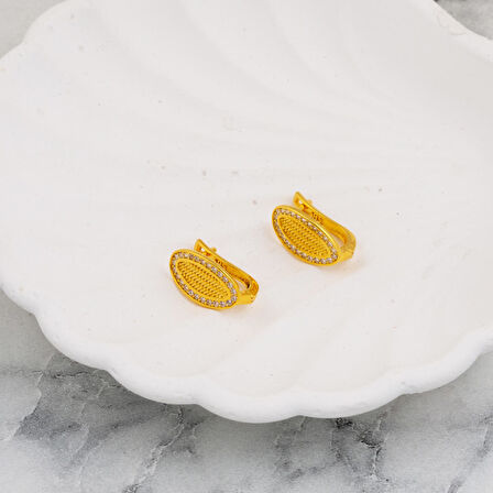 14 Ayar Oval Taşlı Hasır Altın Küpe