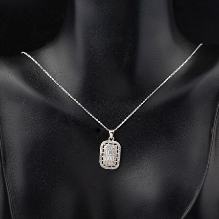 Parçalı Baget Taşlı Beyaz Altın 14 Ayar Kolye