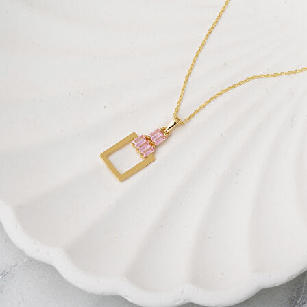 14 Ayar Pembe Taşlı Köşeli Altın Kolye
