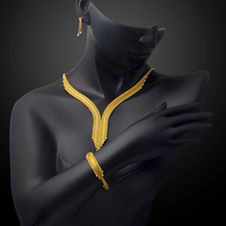 Kalze Örgü Zincirli Sarı Altın Set Takımı