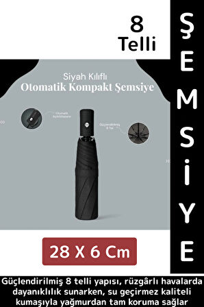 Kompakt Çanta Boy Seyahat Tipi Dayanıklı Otomatik Açma Kapama Güçlendirilmiş 8 Telli Kılıflı Şemsiye