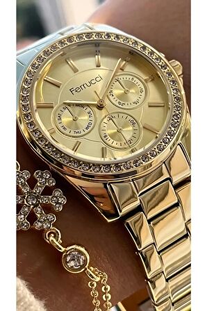 Ferrucci Modern Taşlı Kasa Çelik Kordon Su Kadın Kol Saati+Bileklik Hediyeli