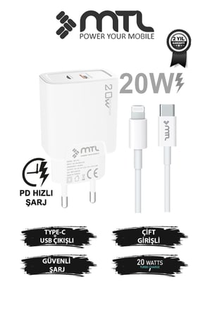 20W Ultra Hızlı Çift Çıkış Type-C + USB Adaptör + Type-C to iPhone Lightning Kablo Şarj Seti MT1750