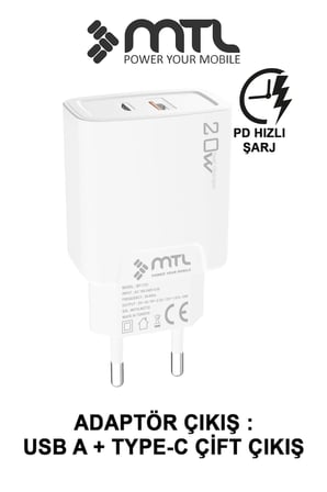 20W Ultra Hızlı Çift Çıkış Type-C + USB Adaptör + Type-C to iPhone Lightning Kablo Şarj Seti MT1750